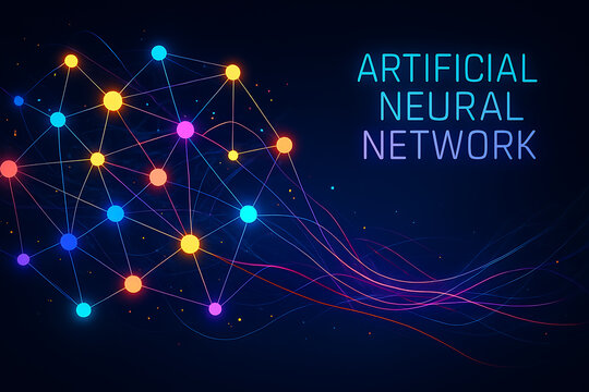 Glowing artificial neural network with colorful digital nodes symbolizing deep learning machine intelligence and connected data processing - Powered by Adobe
