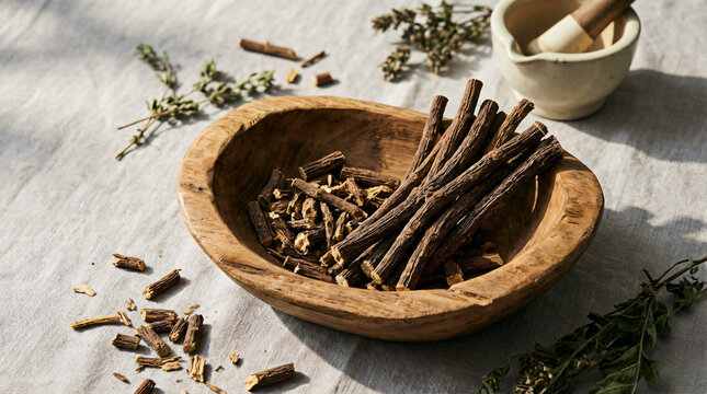 Licorice Root (Mulethi) in Wooden Bowl, Ayurvedic Herbal Medicine - Ayurvedic mulethi herb used in traditional medicine, herbal remedies, wellness, and natural healthcare concepts.