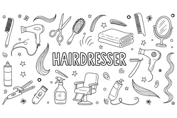 Naklejka na ściany i meble Hairdresser tools and icons: hairdryer, scissors, brush, comb, spray, mirror illustrations