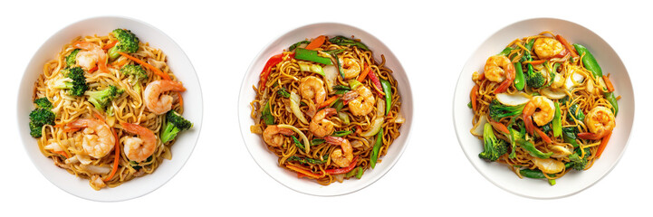 Delicious Shrimp Noodle Dishes with Fresh Vegetables in Bowls Isolated on Transparent Background