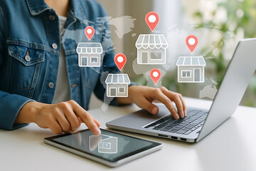 Modern entrepreneur managing business network with laptop and tablet showing holographic globe maps store expansions and international commerce growth