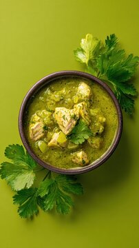 Guatemalan Jocon with chicken in green tomatillo and cilantro sauce, on soft green backdrop, minimalist food photo, template for social media, digital ads, web banners, mobile wallpaper, greeting card