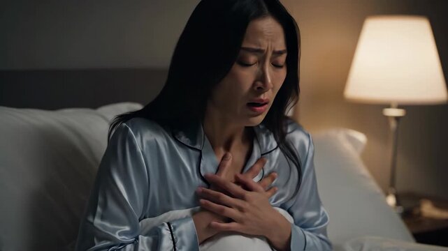 Distressed Asian woman waking up from a nightmare in bed at night. Scared female clutching her chest in pain, suffering from a panic attack or heart problem. Anxiety and insomnia concept