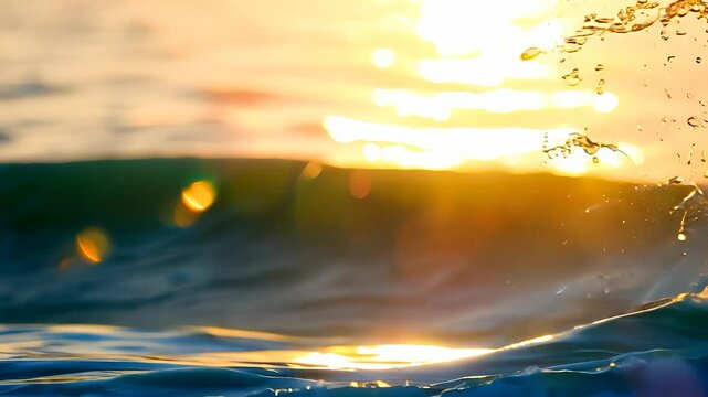 The sun sets over the ocean, casting sparkling reflections on the water surface, while waves gently crest and fall. This ocean view showcases the tranquil beauty of the water and sunset.