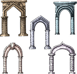 Naklejka premium Various decorative architectural arches and columns showcasing historical design elements, creating a collection of stone structures from different ancient eras