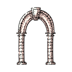 Naklejka premium Ancient stone archway featuring two columns supporting an arch, illustrating an architectural element with a vintage hand drawing style and textured details