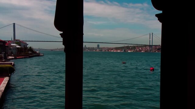Bosphorus Bridge Seen Through Columns of a Historic Waterfront Mansion in Istanbul
