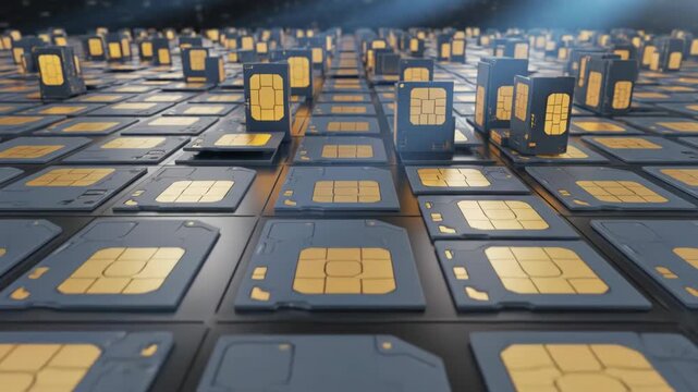 Multiple sim cards arranged in rows on a dark reflective surface