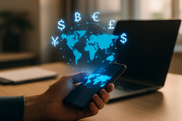 Smartphone screen glowing with global finance icons currencies and world map representing wealth international economy and technology based trade