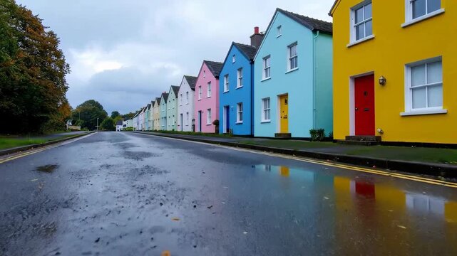 Row Of Pastel Colored Houses Reflected In Wet Pavement Under Overcast Sky
