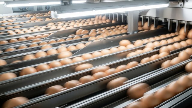 Industrial egg processing facility with brown eggs moving on automated conveyor belt system in modern food production plant