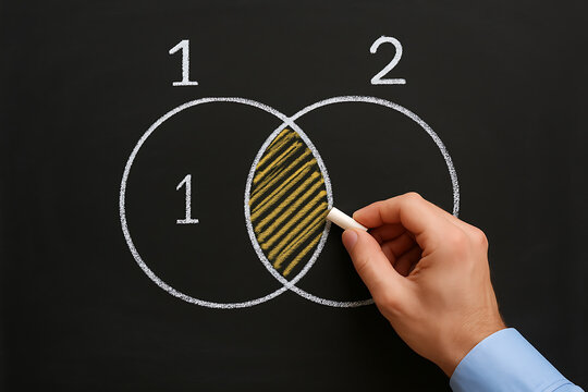 Venn diagram drawn on chalkboard with overlapping circles highlighting intersection of common ideas and shared solutions