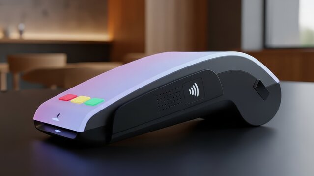 Modern contactless payment terminal with NFC technology and colorful card reader in business office environment