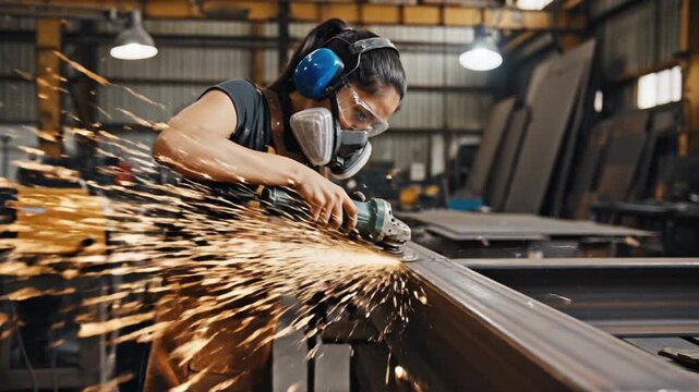 Woman welder respirator ear protection goggle grinder angle metal spark. female grinding metal with angle grinder, goggles, respirator and ear protection, sparks flying industrial workshop