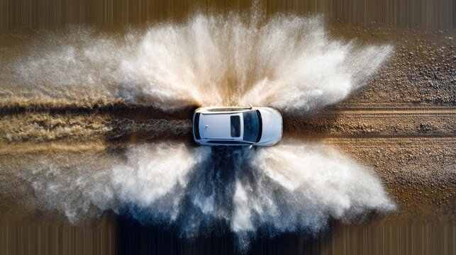 Top down view of a car driving through a puddle on a flat road, perfect water ripples, symmetrical splash, high speed photography