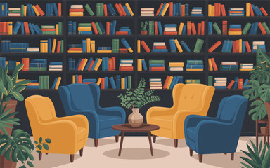 A serene library scene with vibrant armchairs and lush greenery surrounding a small table