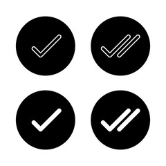 Check mark and double tick icon in black circle. Sent message symbol