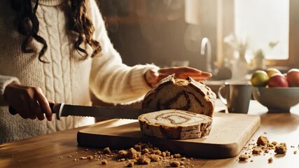Smiling woman slicing fresh homemade cinnamon swirl bread in a sunlit kitchen. Warm domestic scene of food preparation