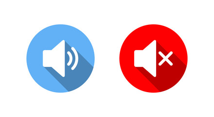 Speaker volume icon with long shadow. Sound and mute audio symbol. Loud and silent sign
