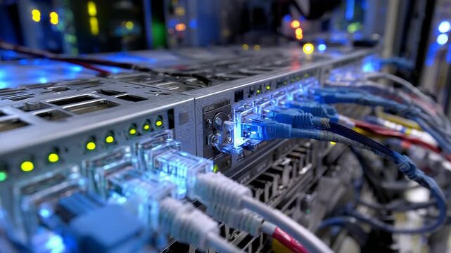 Server room with blinking lights and network cables