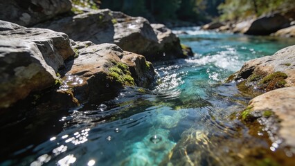 Crystal clear mountain river rushes over smooth rocks in pristine wilderness
