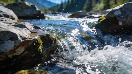 Fresh mountain stream winds through rocky landscape under bright sky