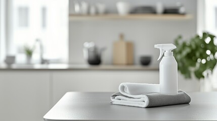 Clean kitchen table with disinfectant spray and towel, showcasing a simple sanitizing routine for hygiene and safety.