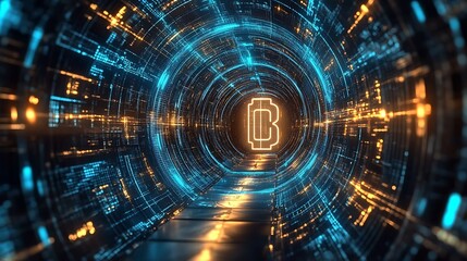 Fototapeta premium Abstract cryptocurrency concept digital tunnel with illuminated symbol