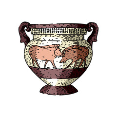 Ancient greek urn featuring two wild boars facing each other on its surface, representing classical art, history, and mythology with traditional pottery design © PikePicture