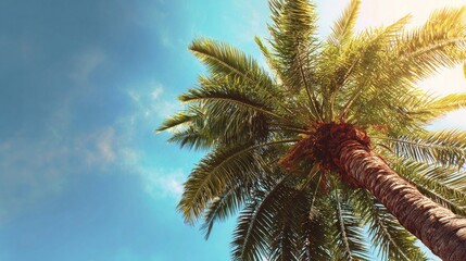 Palm tree reaching towards the bright blue sky on a sunny day