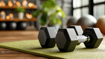 Black dumbbells and a green mat in a fitness center, sports, Pilates, bodyshape, gym, stylish fitness studio, healthy lifestyle, sports equipment, exercise, weights