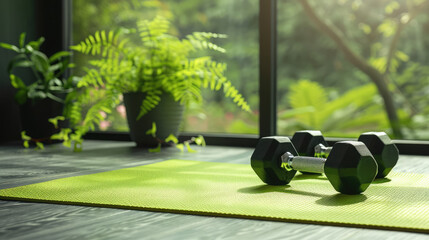 Black dumbbells and a green mat in a fitness center, sports, Pilates, bodyshape, gym, stylish fitness studio, healthy lifestyle, sports equipment, exercise, weights