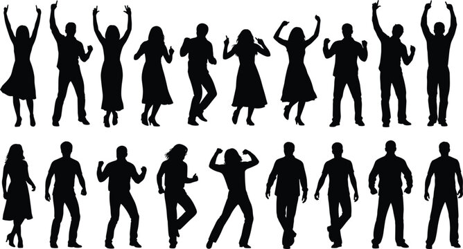 Dancing people silhouettes, energetic dance poses, male and female dancers, party celebration vector set, stylish movement illustration, modern dancing human figures - Powered by Adobe