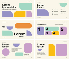 Modern presentation template featuring abstract geometric shapes, clean typography, and a minimalist layout style. The set includes multiple slide designs with structured content sections, numbered el