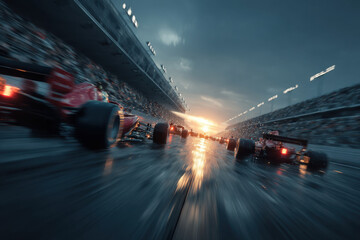 A blurry photo of racing cars on a track with red brake lights
