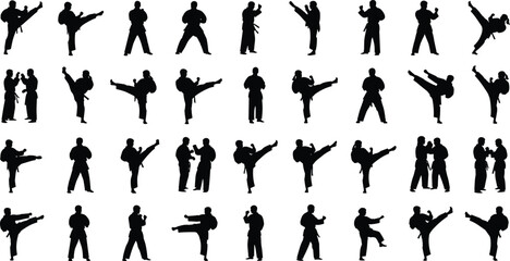 Martial arts silhouettes, karate kicking poses, self defense training figures, combat practice illustration, martial artist vector set, fighting stance silhouettes © MstAfzalun