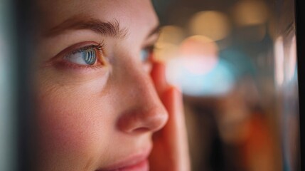 Focused medium shot on an individual using an iris scan device at an airport boarding gate with the rest of the scene gently blurred.