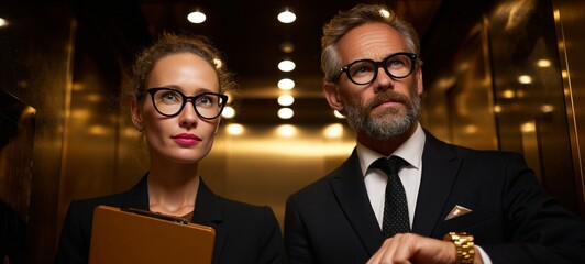 Two adults posing in an elevator.
