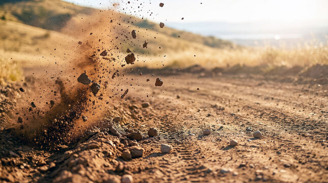Gravel explosion and dust cloud from a passing vehicle: Low angle shot - Powered by Adobe