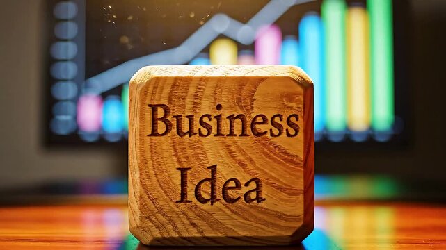 Wooden block with business idea with business graph animation on table