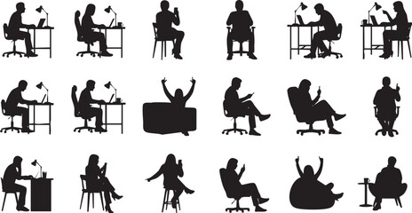 18 Professional Office and Remote Work Silhouette Poses with Desks