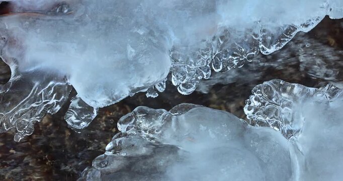 Icy Streamlets: Frozen edges of a stream display intricate ice formations in winter. Clear, crystalline structures form over the water's edge, creating a delicate, beautiful pattern.