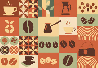 Mid-Century Modern Coffee Abstract Pattern and Geometric Cafe Wall Art