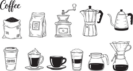 Hand-Drawn Coffee Brewing Equipment and Cafe Drink Illustration Set