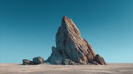 Towering rock formation under clear blue sky on a desert landscape
