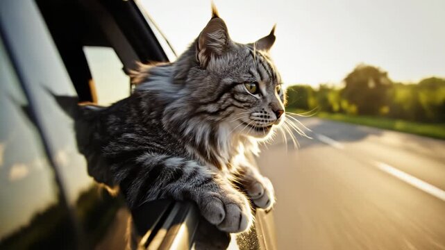 Cat with paws on car window frame enjoying the ride outside