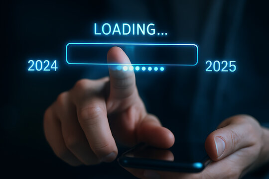 Hand pressing futuristic digital loading bar transitioning from 2024 to 2025 representing new year progress growth and future technology concept - Powered by Adobe