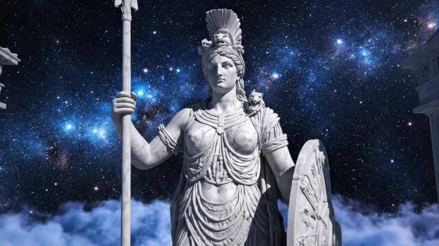Statue of athena in a marble temple under a starry night sky