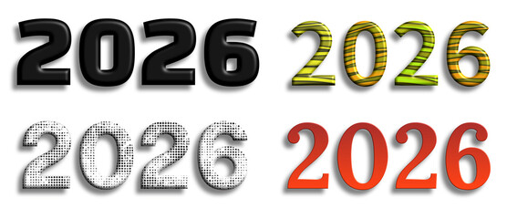 New year 2026 text collection with different textures and colors