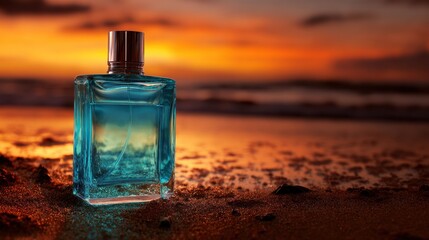 Elegant perfume bottle on sandy beach at sunset vibrant colors and textures